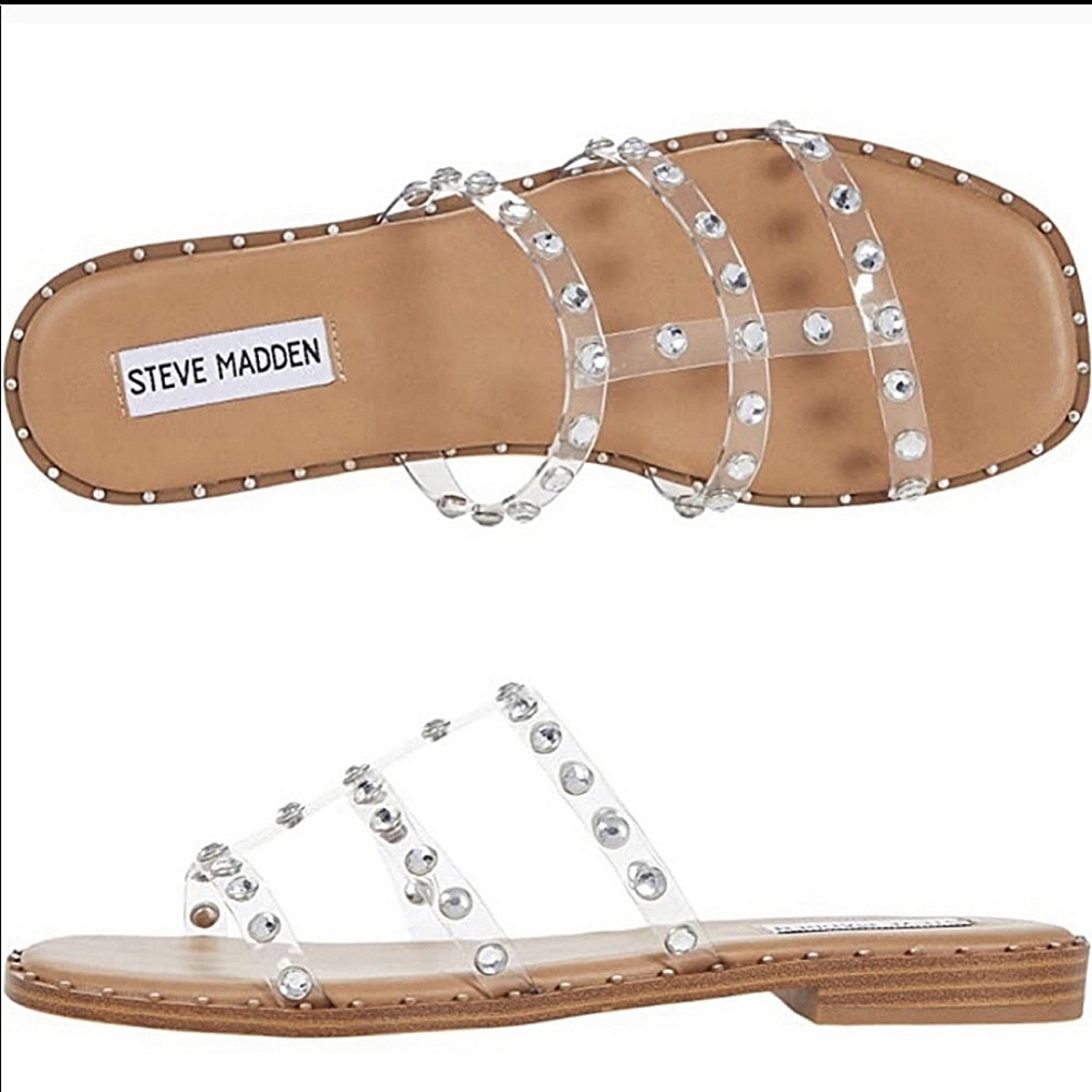 Steve Madden Lyna Clear studded Rhinestone flat slip on Sandals size 9